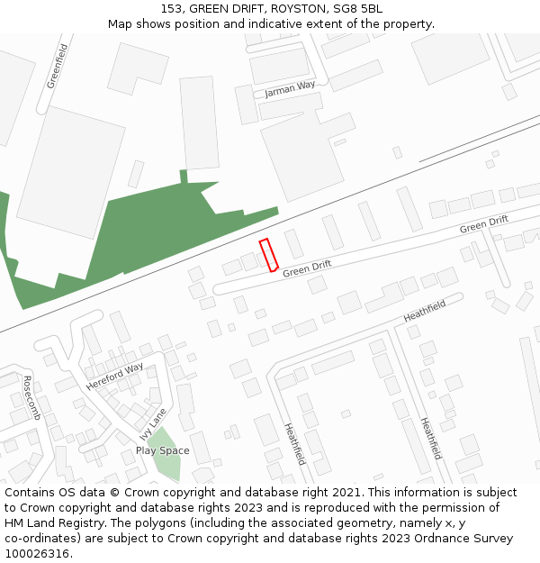 153, GREEN DRIFT, ROYSTON, SG8 5BL: Location map and indicative extent of plot