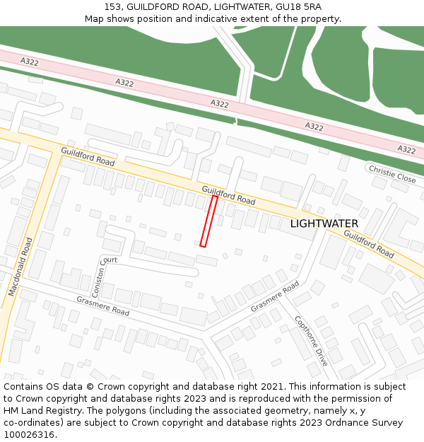 153, GUILDFORD ROAD, LIGHTWATER, GU18 5RA: Location map and indicative extent of plot