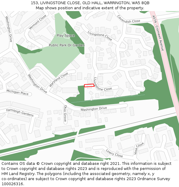 153, LIVINGSTONE CLOSE, OLD HALL, WARRINGTON, WA5 8QB: Location map and indicative extent of plot