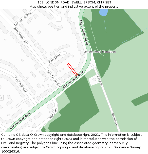 153, LONDON ROAD, EWELL, EPSOM, KT17 2BT: Location map and indicative extent of plot