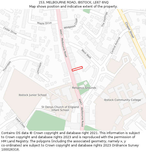 153, MELBOURNE ROAD, IBSTOCK, LE67 6NQ: Location map and indicative extent of plot