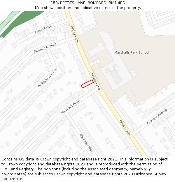 153, PETTITS LANE, ROMFORD, RM1 4ED: Location map and indicative extent of plot