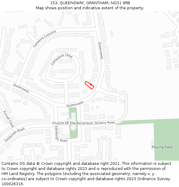 153, QUEENSWAY, GRANTHAM, NG31 9RB: Location map and indicative extent of plot