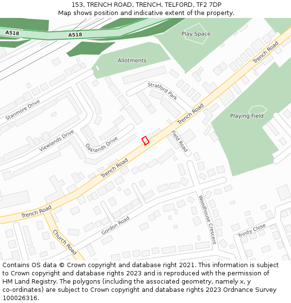 153, TRENCH ROAD, TRENCH, TELFORD, TF2 7DP: Location map and indicative extent of plot