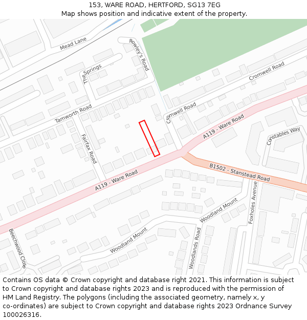 153, WARE ROAD, HERTFORD, SG13 7EG: Location map and indicative extent of plot