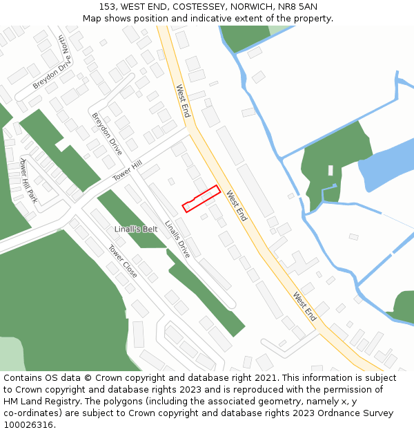 153, WEST END, COSTESSEY, NORWICH, NR8 5AN: Location map and indicative extent of plot