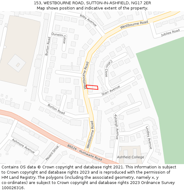 153, WESTBOURNE ROAD, SUTTON-IN-ASHFIELD, NG17 2ER: Location map and indicative extent of plot