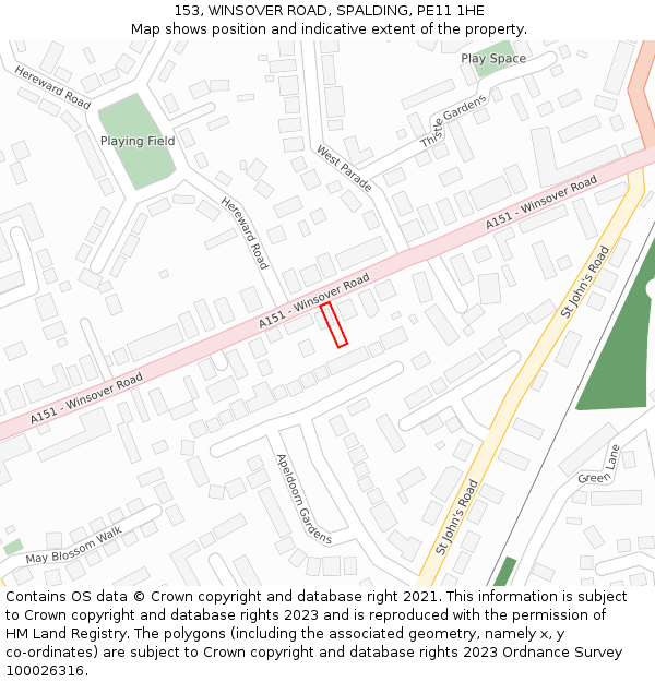 153, WINSOVER ROAD, SPALDING, PE11 1HE: Location map and indicative extent of plot