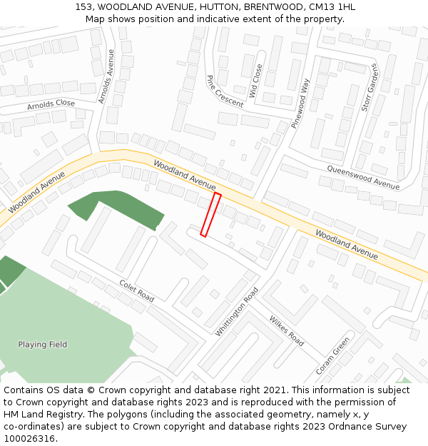 153, WOODLAND AVENUE, HUTTON, BRENTWOOD, CM13 1HL: Location map and indicative extent of plot