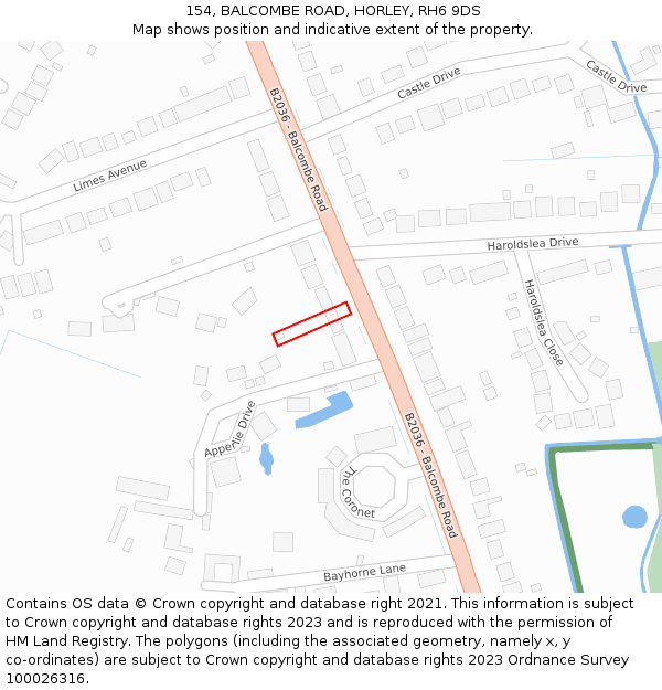 154, BALCOMBE ROAD, HORLEY, RH6 9DS: Location map and indicative extent of plot