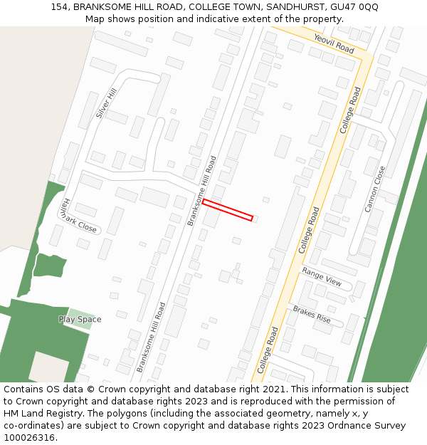 154, BRANKSOME HILL ROAD, COLLEGE TOWN, SANDHURST, GU47 0QQ: Location map and indicative extent of plot