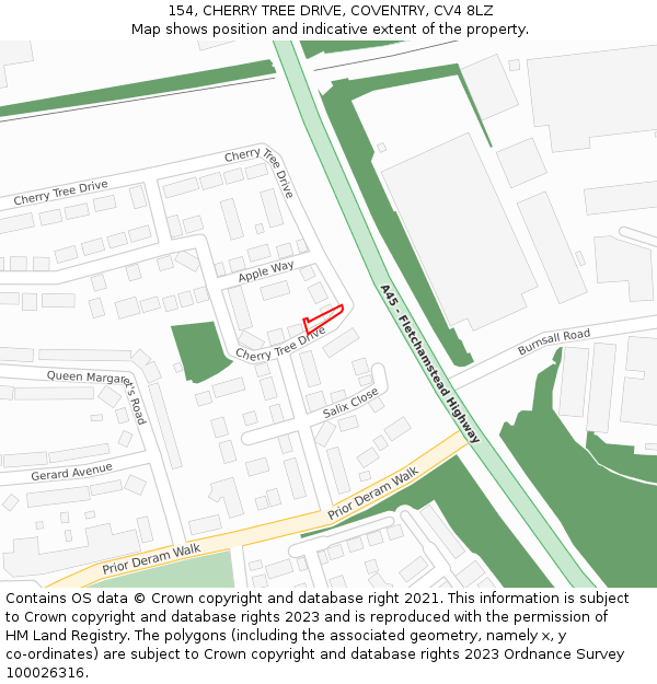 154, CHERRY TREE DRIVE, COVENTRY, CV4 8LZ: Location map and indicative extent of plot