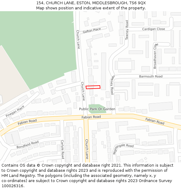 154, CHURCH LANE, ESTON, MIDDLESBROUGH, TS6 9QX: Location map and indicative extent of plot