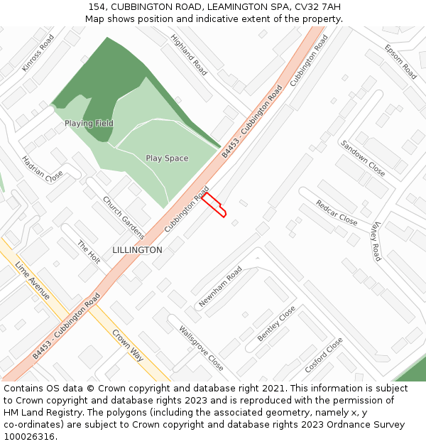 154, CUBBINGTON ROAD, LEAMINGTON SPA, CV32 7AH: Location map and indicative extent of plot