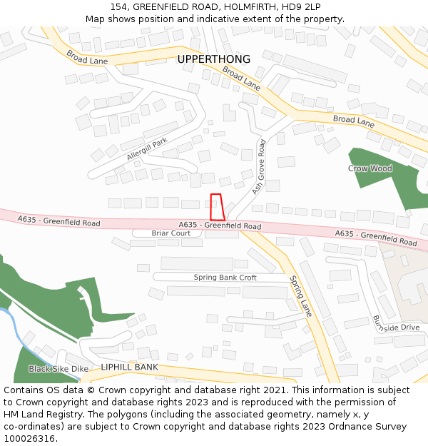 154, GREENFIELD ROAD, HOLMFIRTH, HD9 2LP: Location map and indicative extent of plot