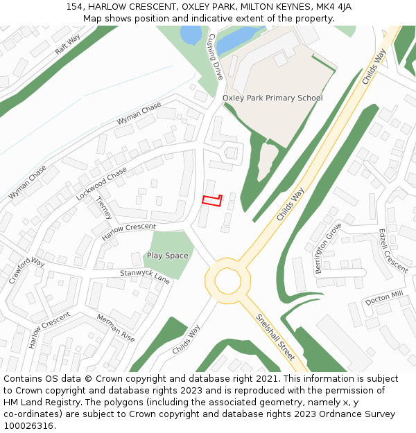 154, HARLOW CRESCENT, OXLEY PARK, MILTON KEYNES, MK4 4JA: Location map and indicative extent of plot