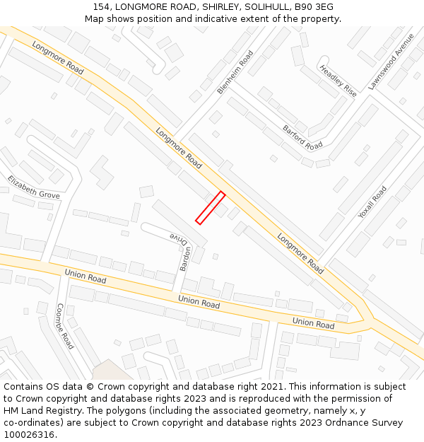 154, LONGMORE ROAD, SHIRLEY, SOLIHULL, B90 3EG: Location map and indicative extent of plot