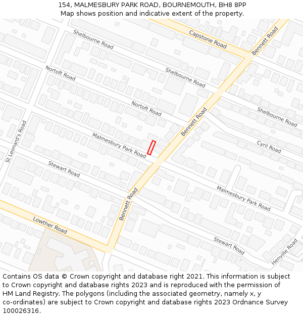 154, MALMESBURY PARK ROAD, BOURNEMOUTH, BH8 8PP: Location map and indicative extent of plot