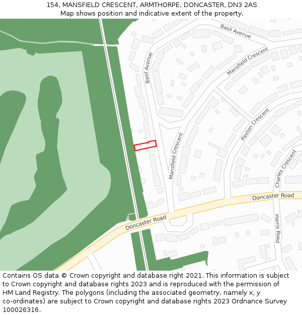 154, MANSFIELD CRESCENT, ARMTHORPE, DONCASTER, DN3 2AS: Location map and indicative extent of plot