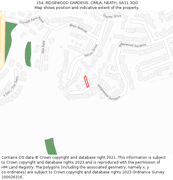 154, RIDGEWOOD GARDENS, CIMLA, NEATH, SA11 3QG: Location map and indicative extent of plot