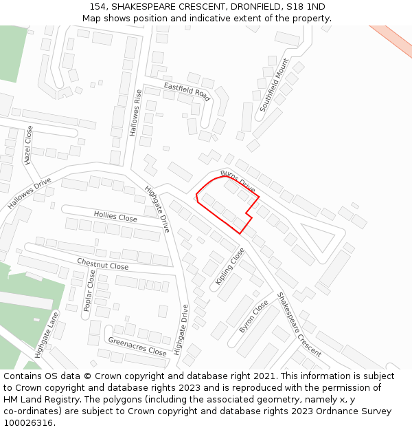 154, SHAKESPEARE CRESCENT, DRONFIELD, S18 1ND: Location map and indicative extent of plot