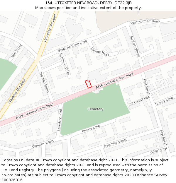 154, UTTOXETER NEW ROAD, DERBY, DE22 3JB: Location map and indicative extent of plot