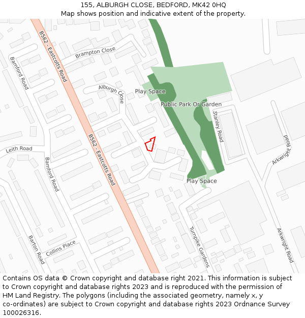 155, ALBURGH CLOSE, BEDFORD, MK42 0HQ: Location map and indicative extent of plot