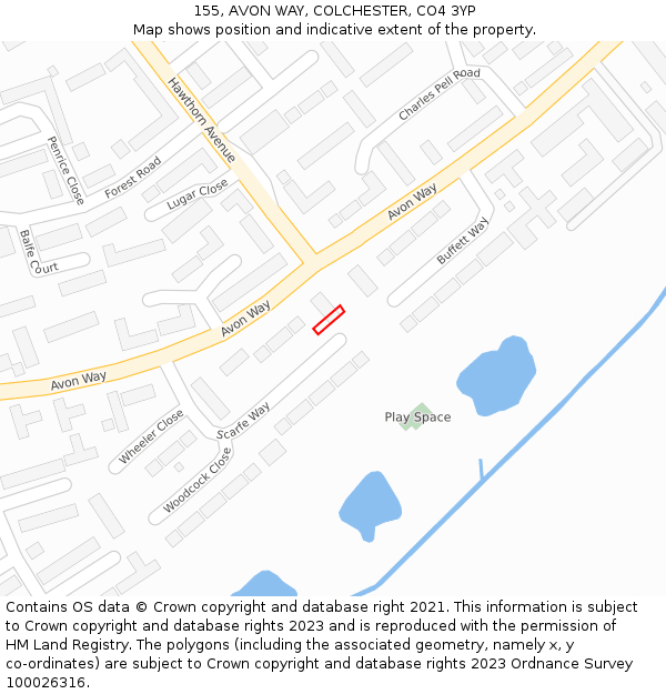 155, AVON WAY, COLCHESTER, CO4 3YP: Location map and indicative extent of plot