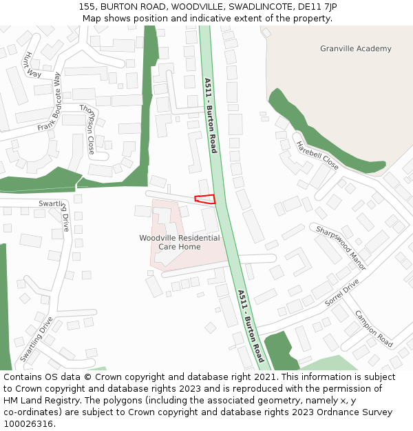 155, BURTON ROAD, WOODVILLE, SWADLINCOTE, DE11 7JP: Location map and indicative extent of plot