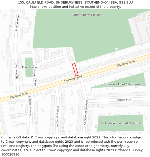 155, CAULFIELD ROAD, SHOEBURYNESS, SOUTHEND-ON-SEA, SS3 9LU: Location map and indicative extent of plot