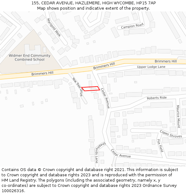 155, CEDAR AVENUE, HAZLEMERE, HIGH WYCOMBE, HP15 7AP: Location map and indicative extent of plot