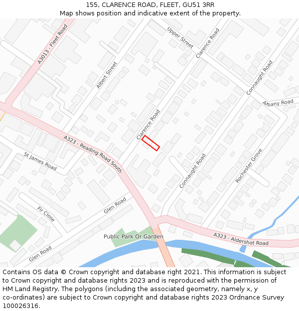 155, CLARENCE ROAD, FLEET, GU51 3RR: Location map and indicative extent of plot