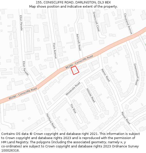 155, CONISCLIFFE ROAD, DARLINGTON, DL3 8EX: Location map and indicative extent of plot