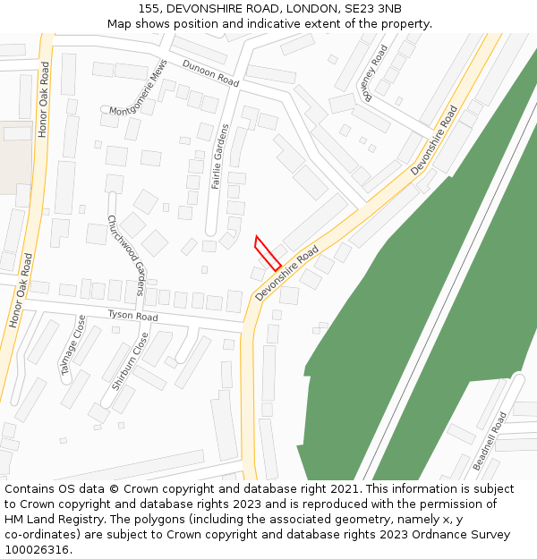 155, DEVONSHIRE ROAD, LONDON, SE23 3NB: Location map and indicative extent of plot