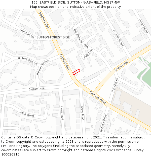 155, EASTFIELD SIDE, SUTTON-IN-ASHFIELD, NG17 4JW: Location map and indicative extent of plot