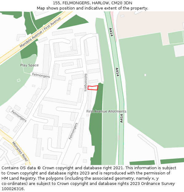 155, FELMONGERS, HARLOW, CM20 3DN: Location map and indicative extent of plot