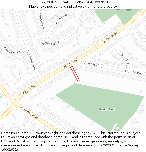 155, GIBBINS ROAD, BIRMINGHAM, B29 6NH: Location map and indicative extent of plot