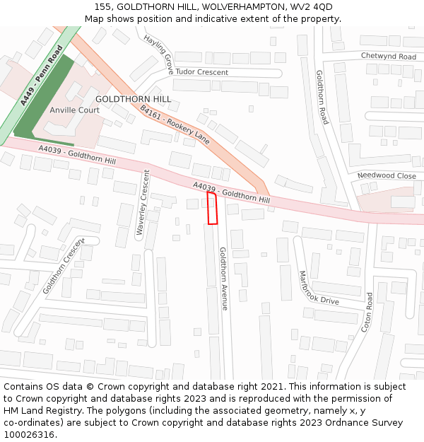 155, GOLDTHORN HILL, WOLVERHAMPTON, WV2 4QD: Location map and indicative extent of plot