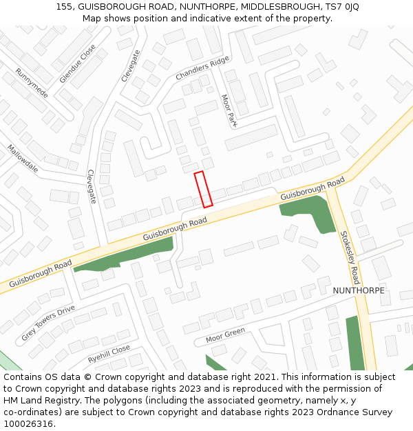 155, GUISBOROUGH ROAD, NUNTHORPE, MIDDLESBROUGH, TS7 0JQ: Location map and indicative extent of plot