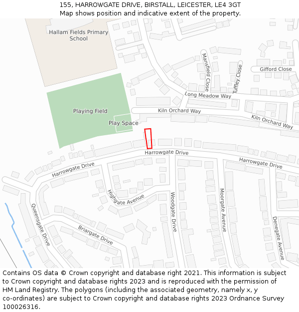 155, HARROWGATE DRIVE, BIRSTALL, LEICESTER, LE4 3GT: Location map and indicative extent of plot