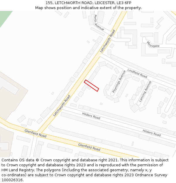 155, LETCHWORTH ROAD, LEICESTER, LE3 6FP: Location map and indicative extent of plot