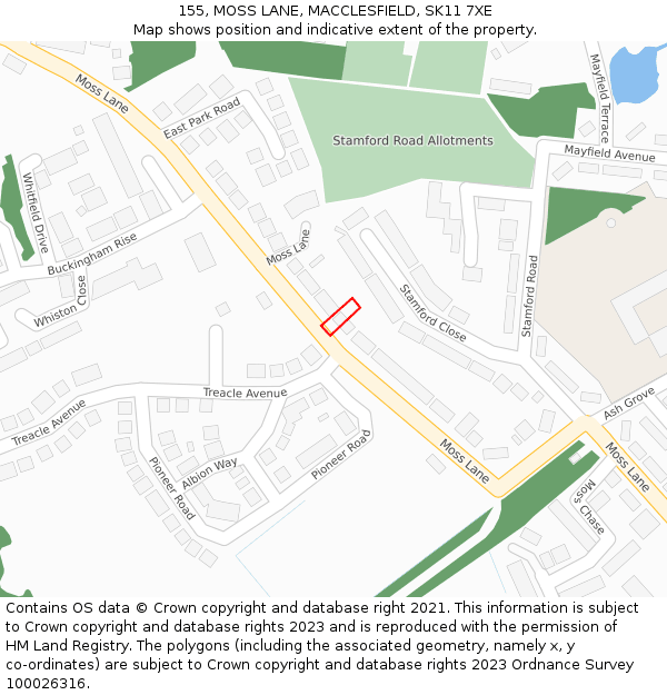 155, MOSS LANE, MACCLESFIELD, SK11 7XE: Location map and indicative extent of plot