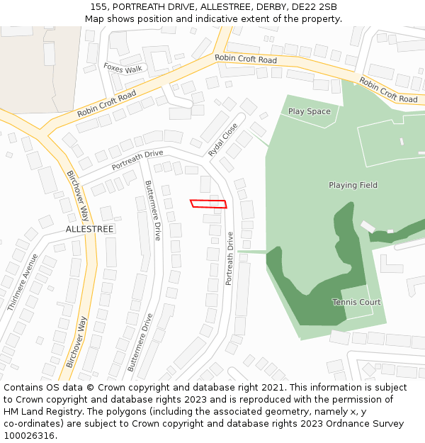 155, PORTREATH DRIVE, ALLESTREE, DERBY, DE22 2SB: Location map and indicative extent of plot