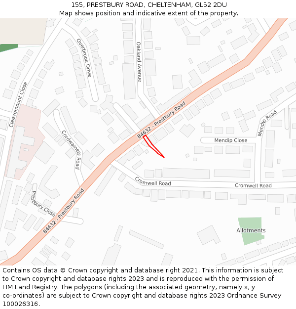 155, PRESTBURY ROAD, CHELTENHAM, GL52 2DU: Location map and indicative extent of plot