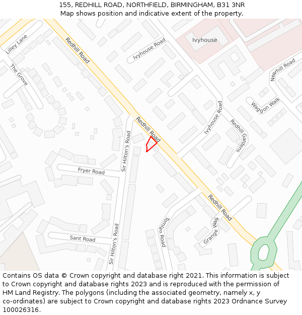 155, REDHILL ROAD, NORTHFIELD, BIRMINGHAM, B31 3NR: Location map and indicative extent of plot