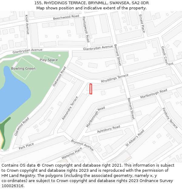 155, RHYDDINGS TERRACE, BRYNMILL, SWANSEA, SA2 0DR: Location map and indicative extent of plot