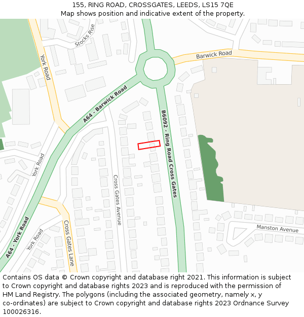 155, RING ROAD, CROSSGATES, LEEDS, LS15 7QE: Location map and indicative extent of plot