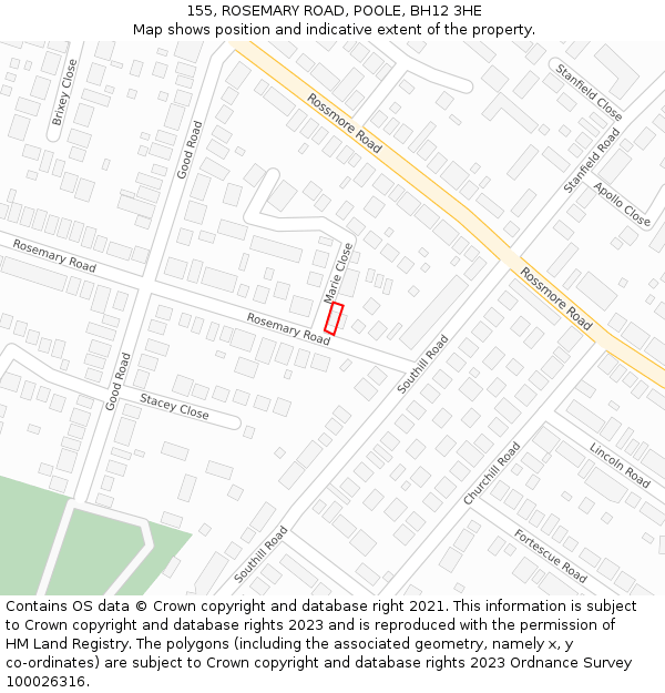 155, ROSEMARY ROAD, POOLE, BH12 3HE: Location map and indicative extent of plot