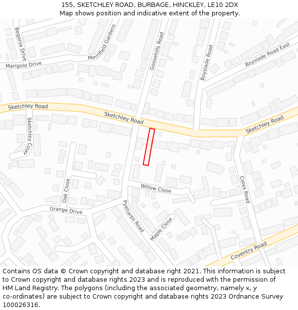 155, SKETCHLEY ROAD, BURBAGE, HINCKLEY, LE10 2DX: Location map and indicative extent of plot