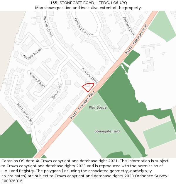 155, STONEGATE ROAD, LEEDS, LS6 4PQ: Location map and indicative extent of plot